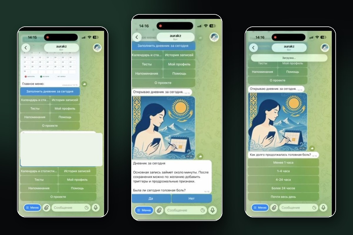 Композиция реальных экранов Telegram-дневника AuraKZ