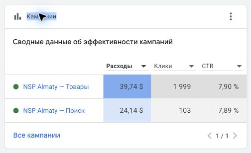 Разбивка поисковой и товарной кампаний NSP ALMATY в Google Ads без данных аккаунта